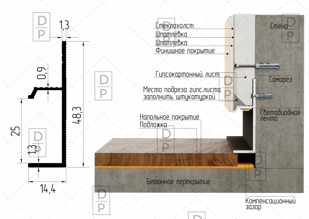 Плинтус с ножкой AP1029 алюминиевый - Теневой плинтус (Коммерческий интент)